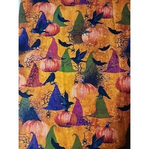 Halloween Themed Cotton Fabric with Pumpkins, Witch Hats, and Ravens